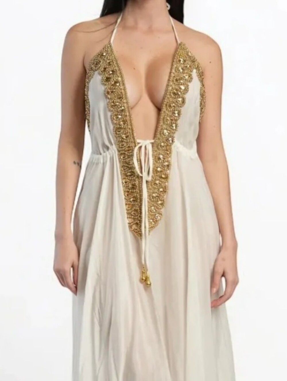 Elegant White Halter Maxi Dress with Gold Embellished Plunge